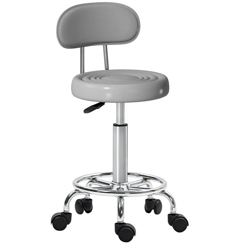 HOMCOM Rollhocker, Drehbarer und verstellbarer Hocker mit Rückenlehne, Kunstlederbezug, Fußstütze, für Frisiertische, Grau