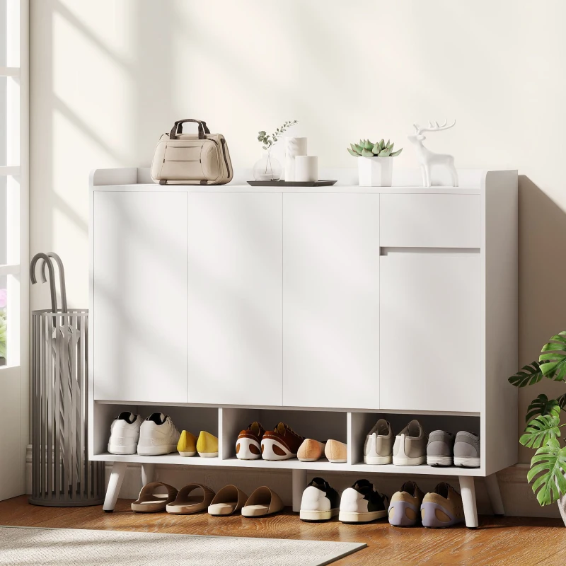 HOMCOM Schuhschrank mit grifflosem Design, 4 Türen, 4 verstellbare Regale, freistehendes Schuhregal mit 5 Holzbeinen, Holz, Weiß