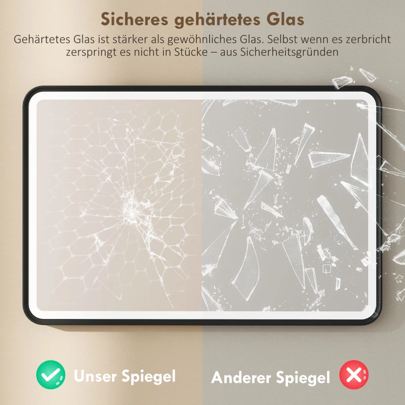 HOMCOM 90 x 60 cm LED-Badezimmerspiegel, Lichter, 3 Farben, dimmbar, Memory-Funktion, horizontal und vertikal, Schwarz
