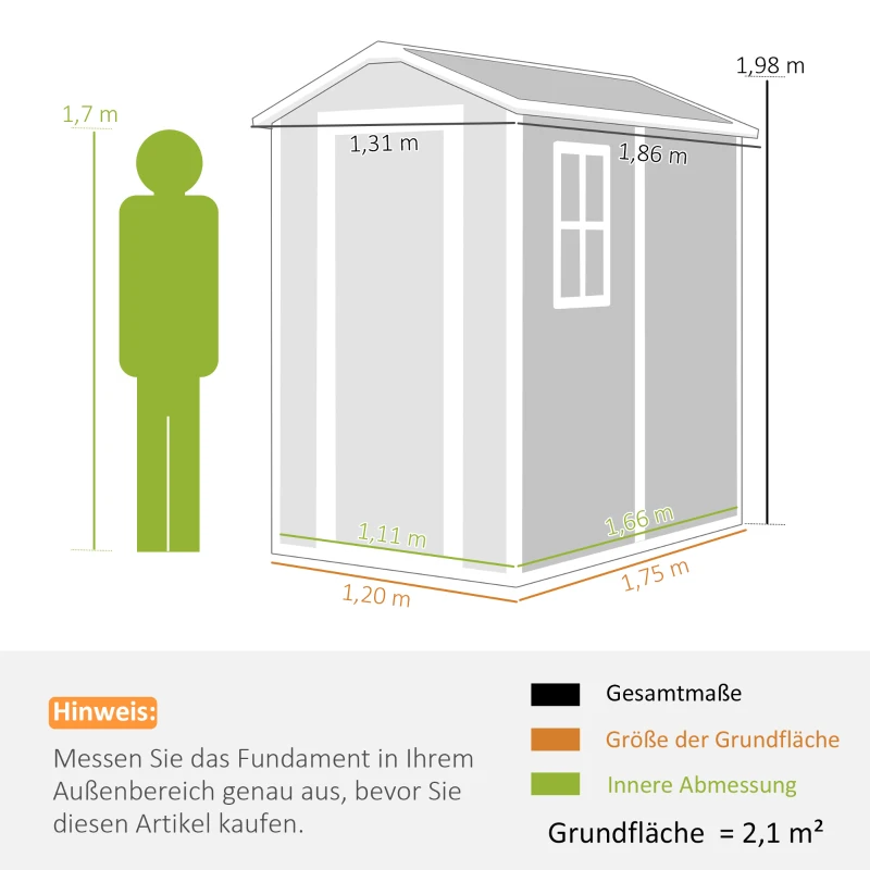 Outsunny Gartenschuppen, Kunststoff-Gartenhaus mit Boden, Fenster, verschließbare Türen, für Garten, 131B x 186T x 198H cm, Grau(m-3)