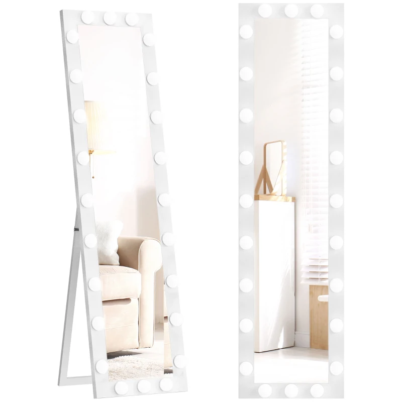 HOMCOM Ganzkörperspiegel 150x40 cm LED Spiegel mit 24 Glühbirnen 3 Lichtfarbe, freistehend oder anlehnbar Weiß
