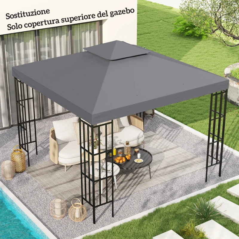 Outsunny Tetto di Ricambio per Gazebo 3x3m a 2 Livelli e Resistente ai Raggi UV, Grigio Scuro