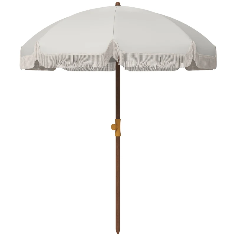 Outsunny Sombrilla de Playa con Flecos Ø190x210 cm con 8 Varillas Apertura Manual Anti-UV Impermeable y Bolsa de Transporte Gris