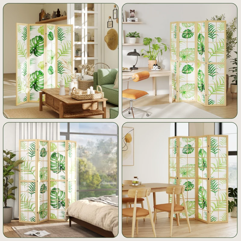 HOMCOM 4-teiliger Raumtrenner, faltbar, Boho-Design, tropisches Motiv, freistehender Raumteiler, Holzrahmen, Grün