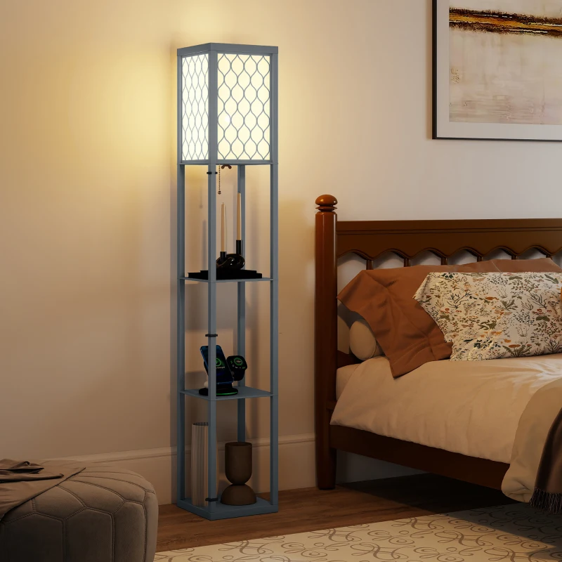 HOMCOM Lampadar Podea 2 în 1, 3 Rafturi, Economisire Spațiu, Soclu E27, 26x26x160 cm, Gri Deschis