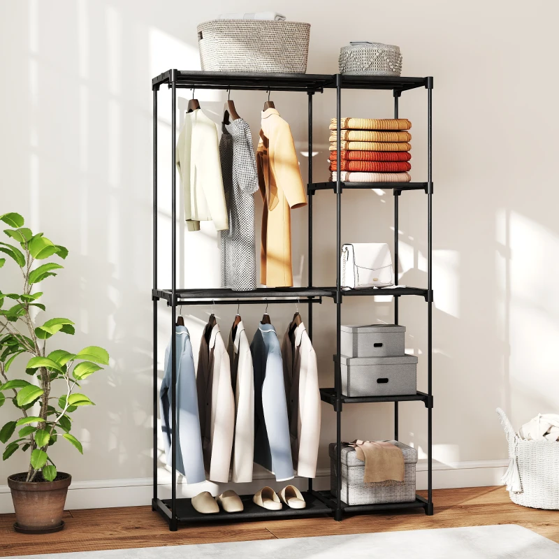 HOMCOM Stoffschrank Kleiderschrank mit Kleiderstange, Ablagen, für Schlafzimmer, Ankleidezimmer, 111 x 43 x 185 cm, Schwarz