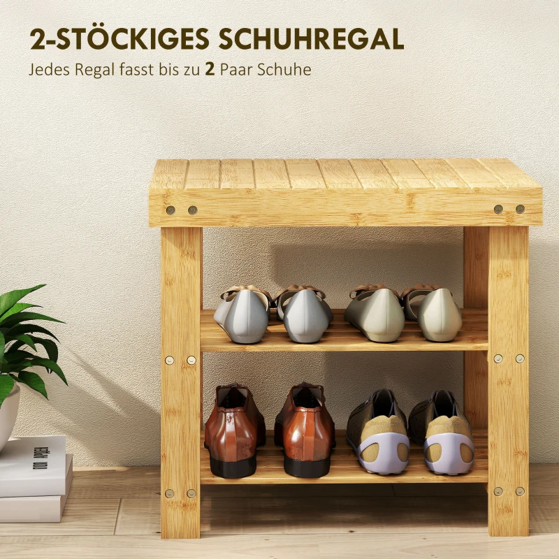 HOMCOM Schuhbank aus Bambus, Schuhregal mit 2 Ablagen, Sitzfläche, für Flur, Eingangsbereich, 50x28x45cm, Natur