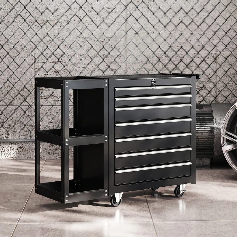 HOMCOM Servante d'Atelier en Acier à 7 Tiroirs, Chariot à Outils sur Roulettes avec Étagère Latérale Amovible, Noir