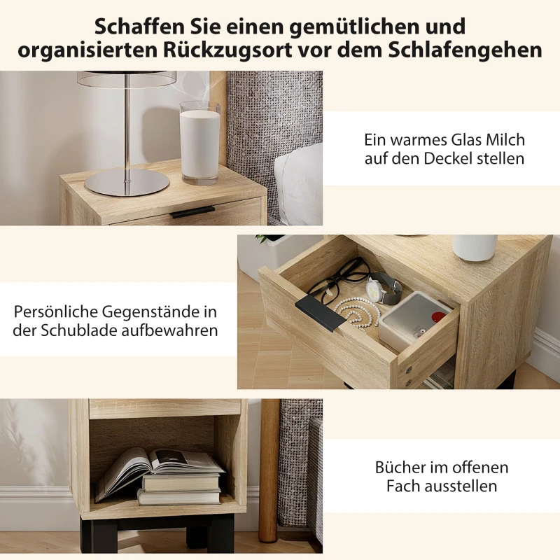 HOMCOM Nachttisch, Nachtschrank mit Schublade, offenes Fach, Nachtkommode für Schlafzimmer, Wohnzimmer, 35 x 26 x 50 cm, Eiche