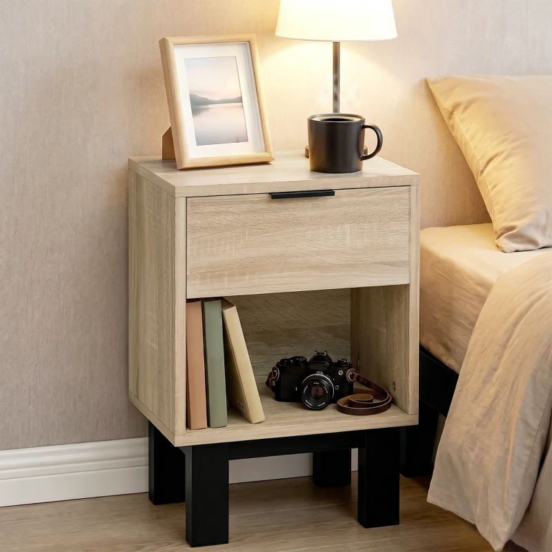 HOMCOM Nachttisch, Nachtschrank mit Schublade, offenes Fach, Nachtkommode für Schlafzimmer, Wohnzimmer, 35 x 26 x 50 cm, Eiche