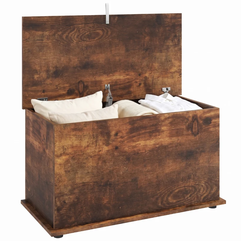 HOMCOM Banquette-coffre, Banc à chaussures avec couvercle de sécurité, fond intérieur, Marron rustique