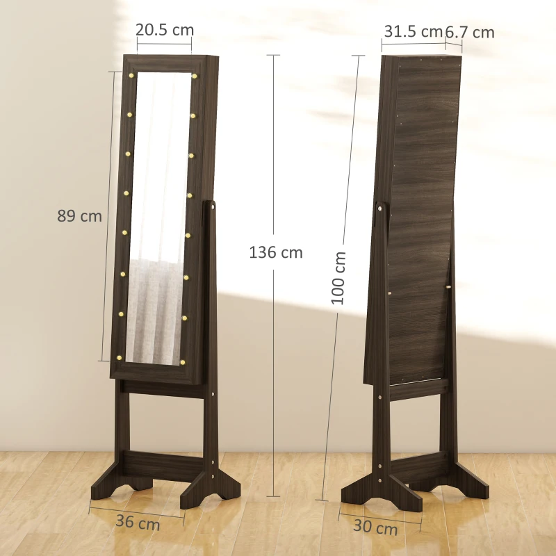 HOMCOM Dulap pentru bijuterii, dulap de depozitare pe picior, cutie pentru bijuterii cu oglindă, multiple spații de depozitare, iluminare LED, maro închis