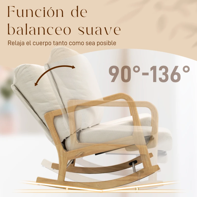 HOMCOM Silla Mecedora Nórdica con Reposapiés Respaldo Ajustable Mecedora de Pana Patas de Madera y Reposabrazos Cojín Crema
