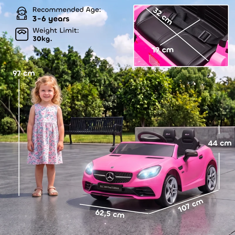 AIYAPLAY Elektryczny samochód dla dzieci, reflektory LED, pas bezpieczeństwa, klakson, muzyka, 3-5 km/h, różowy, 107 x 62,5 x 44 cm