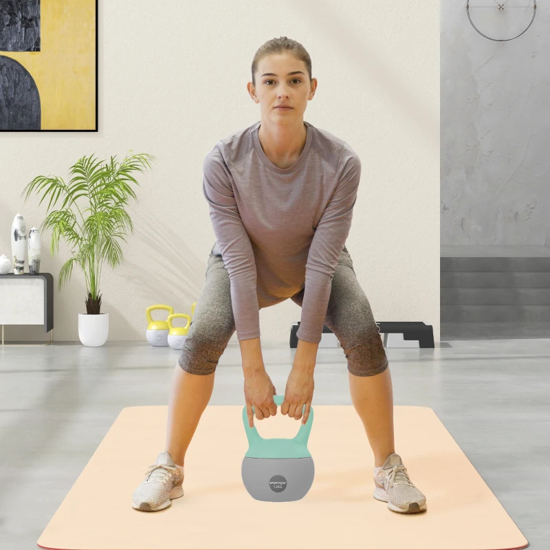 SPORTNOW Pesa Rusa 12 kg Kettlebell Relleno de Arena Metálica Mango Antideslizante para Entreno en Casa 21x21x30 cm Verde y Gris