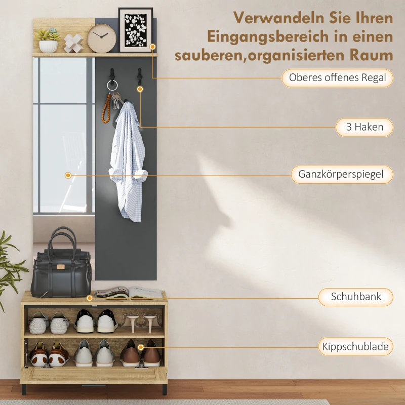 HOMCOM Garderobenset für Eingangsbereich, Schuhbank, Spiegel, 3 Haken, Offenes Regal, Flurmöbel, Naturholz+Grau