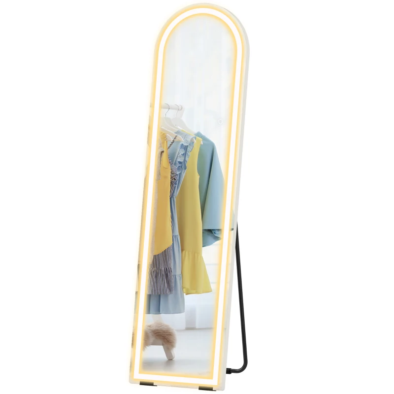 HOMCOM Ganzkörperspiegel mit LED-Lichtern, 150 x 40 cm, bogenförmig, dimmbar, 3 Lichtfarben, freistehend oder Wandmontage, Weiß