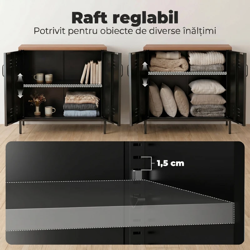 HOMCOM Bufet Metalic cu 2 Uși și Raft Reglabil, pentru Living sau Birou, Negru
