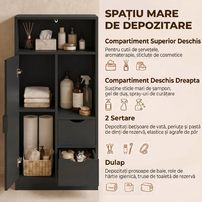 HOMCOM Dulap Baie Îngust cu 2 Sertare și Rafturi Reglabile pentru Bucătărie, Living, Hol, Negru