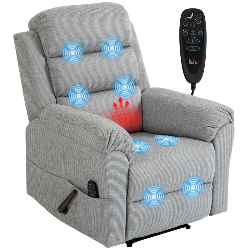 HOMCOM Massagesessel manuell verstellbar 135° beheizbar, verstellbare Kopfstütze, Chenille, Hellgrau