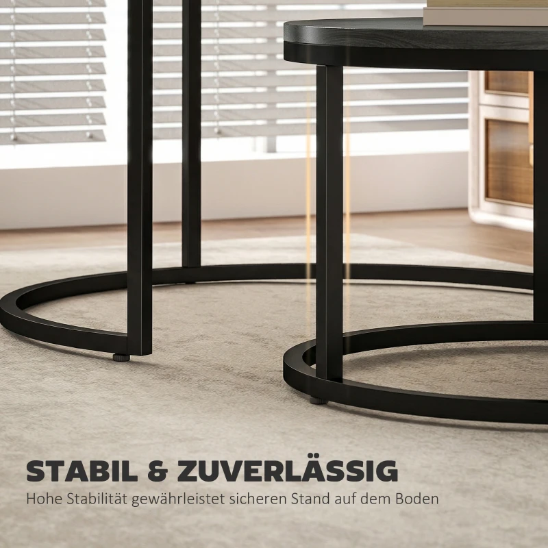 HOMCOM Modernes Kaffeetisch 2er-Set, Stapelbare Beistelltische mit Metallgestell für Wohnzimmer, Schlafzimmer, Büro, Schwarz