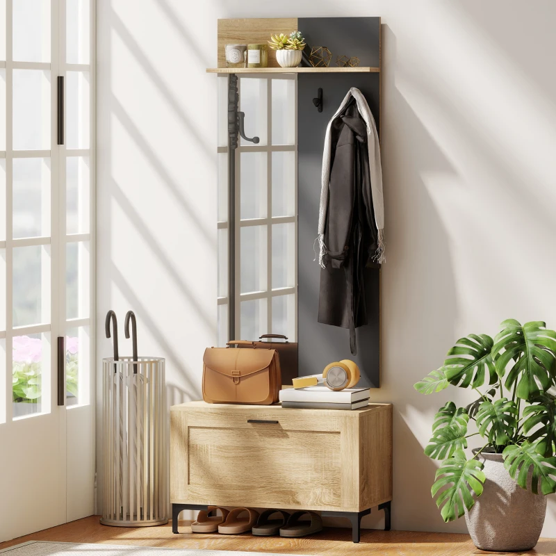 HOMCOM Garderobenset für Eingangsbereich, Schuhbank, Spiegel, 3 Haken, Offenes Regal, Flurmöbel, Naturholz+Grau