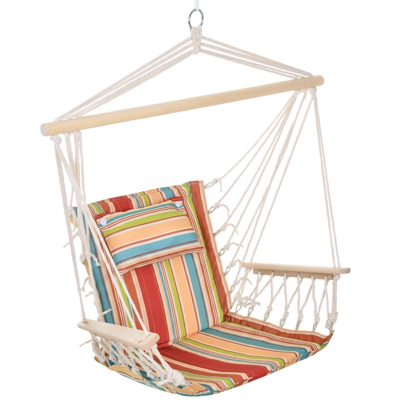 Outsunny Hängesessel Hängeschaukel mit Querstrebe und Kissen Deckenhaken Gestell Hängestuhl bis 100kg belastbar Hängesitz für Indoor Outdoor Garten Terrasse Mehrfarbig