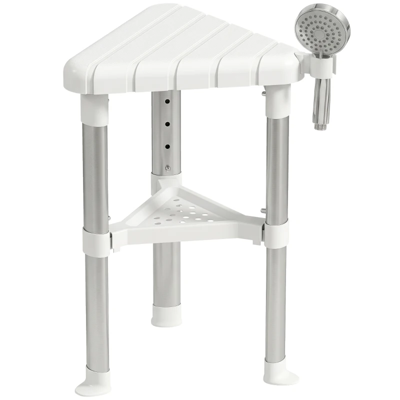 HOMCOM Shower Stool, Aluminium Alloy Corner Shower Chair with Storage Shelf and HDPE Seat, Adjustable Height, White