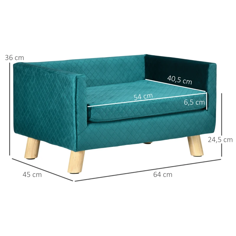 PawHut Hundesofa Hundebett Hundecouch aus Samt mit Rückenlehne, Holzbeine, Kissen, bis zu 8 kg 64 x 45 x 36 cm Blau