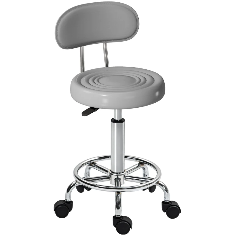 HOMCOM Rollhocker, Drehbarer und verstellbarer Hocker mit Rückenlehne, Kunstlederbezug, Fußstütze, für Frisiertische, Grau
