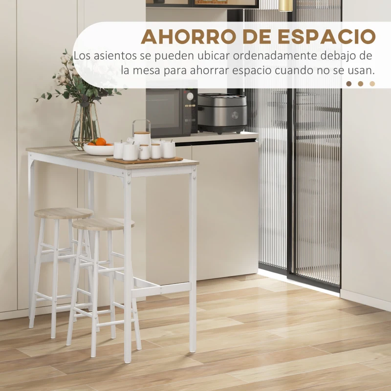 HOMCOM Mesa Alta de Cocina con Taburetes Marco de Acero Estilo Industrial Mesa Alta para Comedor Natural y Blanco
