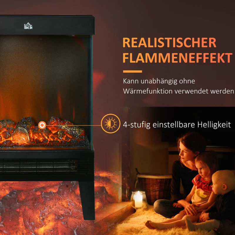 HOMCOM Elektrokamin, 2000 W, Standkamin mit Heizung LED 3D-Flammeneffekt, 4 Helligkeitsstufen, Elektrischer Kamin mit Thermostat, Überhitzungsschutz, Schwarz