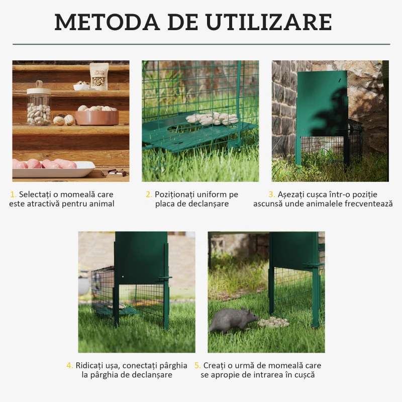 Outsunny Cușcă Capcană pentru Animale Mici cu O Ușă și Mâner, 80x25x30 cm, Verde Închis