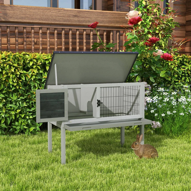 PawHut Clapier sur pieds cage à lapin avec niche intérieure plateau excrément coulissant porte verrouillable toit ouvrant(m-10)
