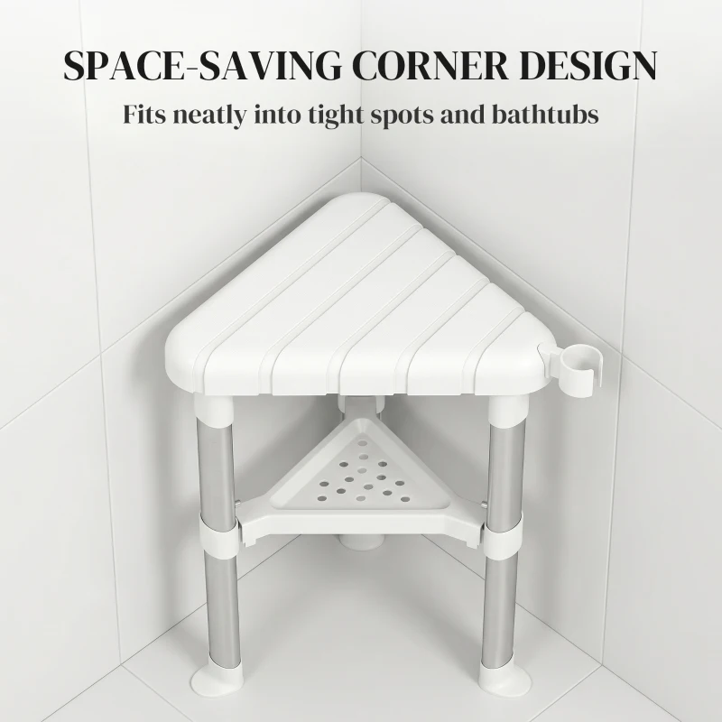 HOMCOM Shower Stool, Aluminium Alloy Corner Shower Chair with Storage Shelf and HDPE Seat, Adjustable Height, White