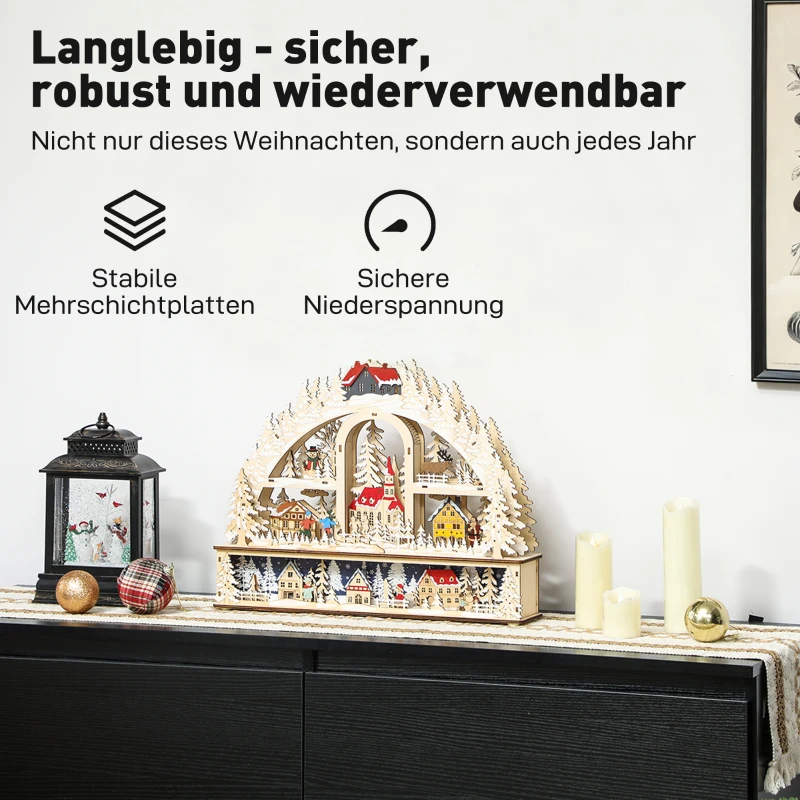 HOMCOM Weihnachtsdorf mit LED-Leuchtung, 45 cm Weihnachtsstadt mit Schneemann, Renntier und Bäume Naturholz