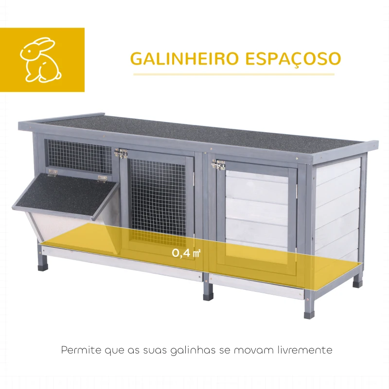 PawHut Coelheira de Madeira Gaiola para Coelhos com Telhado Asfáltico Rebatível Portas com Fecho Bandejas Removíveis 112x50x54 cm Cinzento