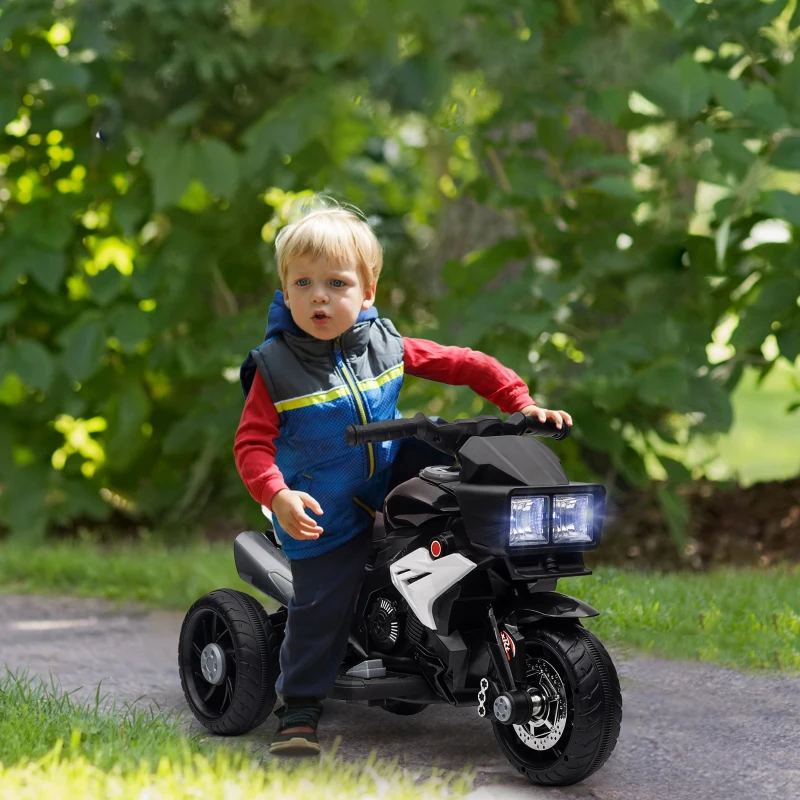 HOMCOM Motocicletă Electrică pentru Copii 3-5 Ani, max. 25 kg, 3 Roți, Lumini și Sunete, Baterie 6V, Negru, 86x42x52 cm