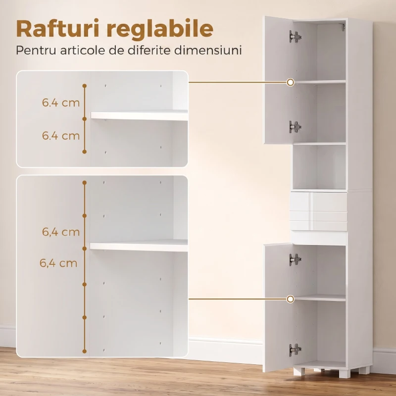 HOMCOM Dulap Baie Înalt, Economisire Spațiu, cu Sertar, Alb Lucios