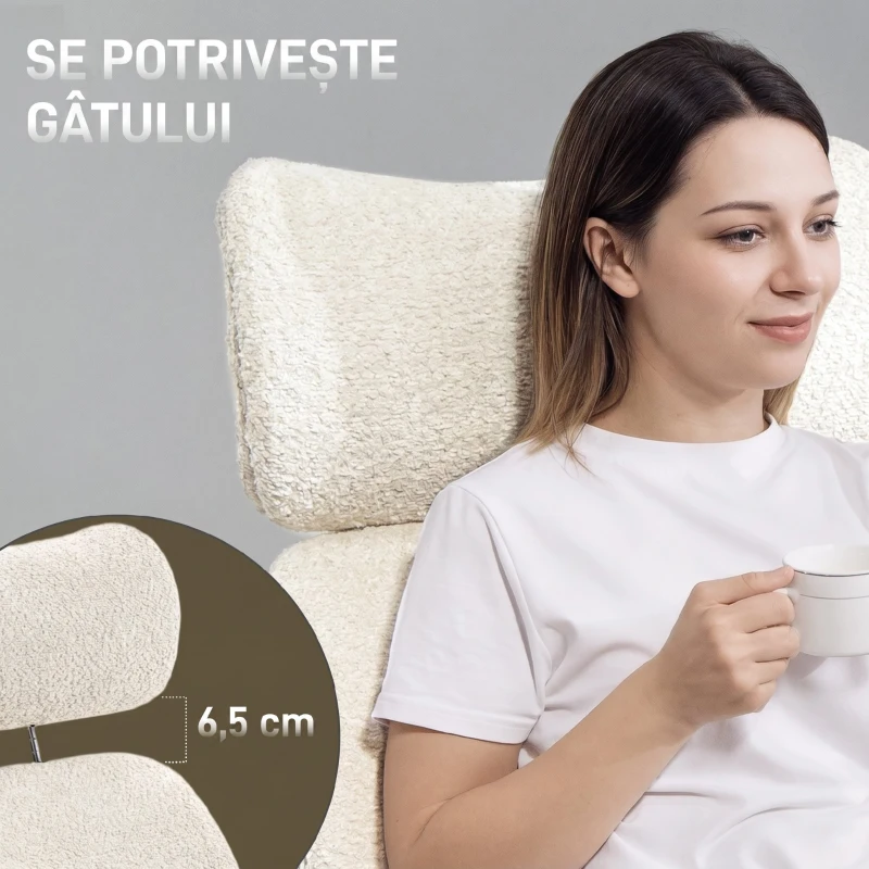 HOMCOM Scaun de Birou Rotativ din Bouclé cu Tetieră, Înălțime Reglabilă, Funcție Balansare, Gri Deschis