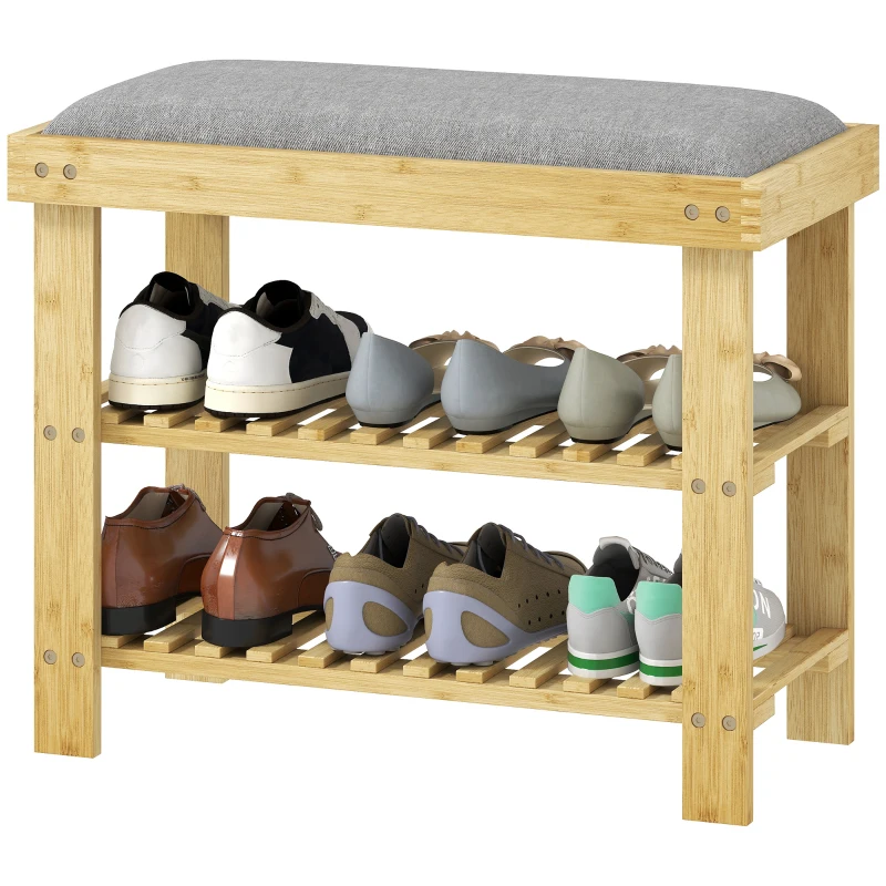 HOMCOM Schuhbank mit Sitzfläche, Bambus Sitzbank mit Stauraum, 2 offene Fächer, Sitzbank 60 x 29 x 49 cm Grau