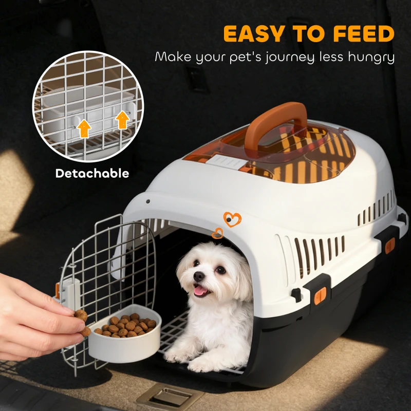 PawHut Plastic Pet Carrier Hard Shell Dog Cat Carrier Max 4 KG Steel Door Feed Bowl Secure Lock 49 x 32 x 31 cm