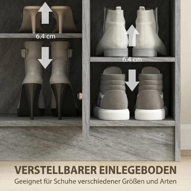 HOMCOM Schuhschrank, Platz für 12 Paar Schuhe, 2 Türen und 4 offene Fächer, für Flur oder Eingangsbereich, Grau