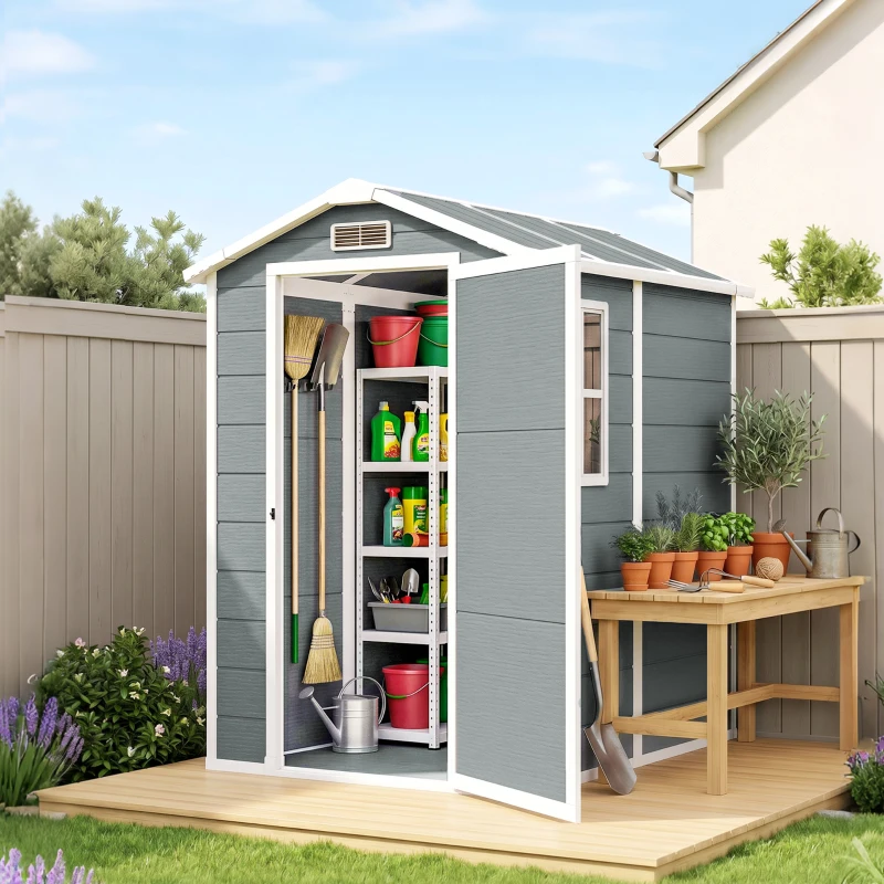 Outsunny Gartenschuppen, Kunststoff-Gartenhaus mit Boden, Fenster, verschließbare Türen, für Garten, 131B x 186T x 198H cm, Grau(m-9)