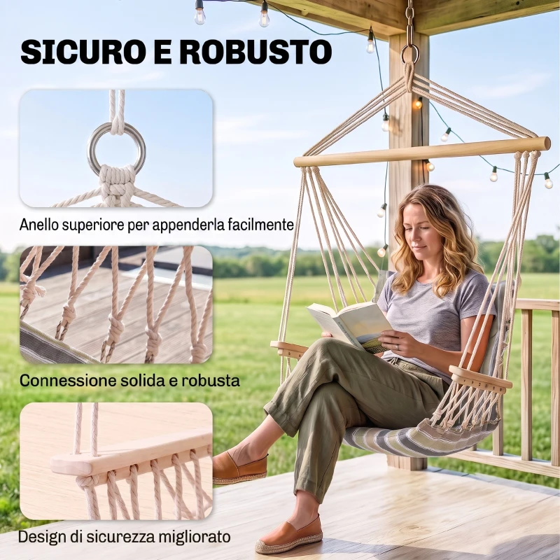 Outsunny Silla Colgante Estampado Rayas Hamaca con Cojín Reposacabezas para Interior Exterior 100x106 cm Carga Máx. 100 kg