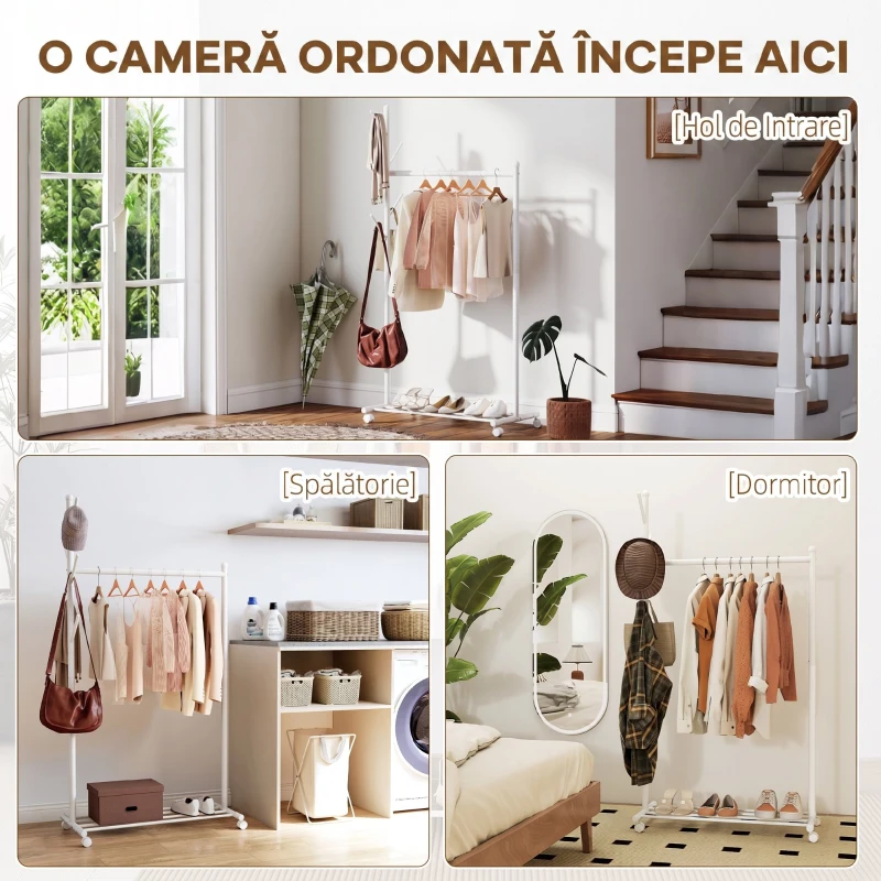 HOMCOM Cuier Mobil pe Roți, 5 Cârlige și Raft Inferior pentru Pantofi, Metalic, Capacitate 9 kg, Alb