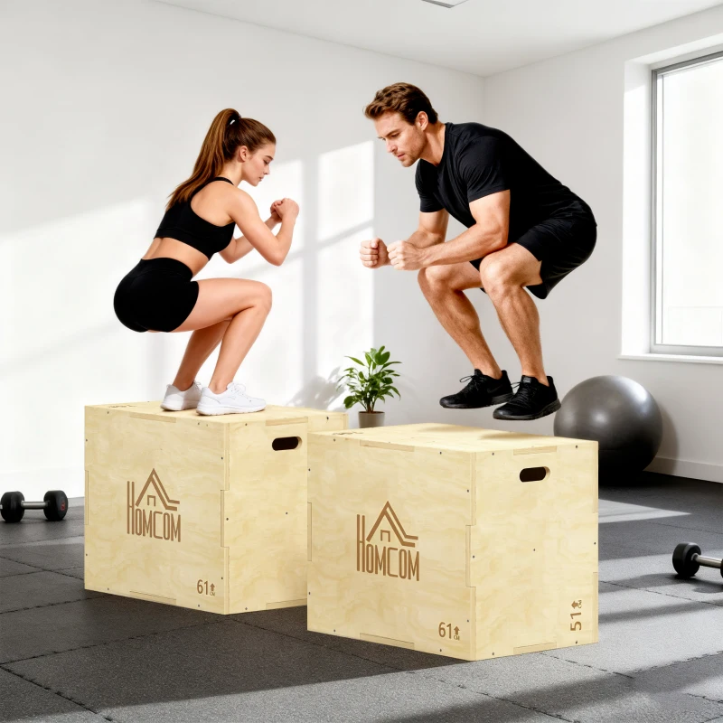 HOMCOM 3-in-1 Plyo Box Holz Plyometrische Sprungbox mit 3 Sprunghöhen Griffen 61 x 51 x 76 cm Naturholz