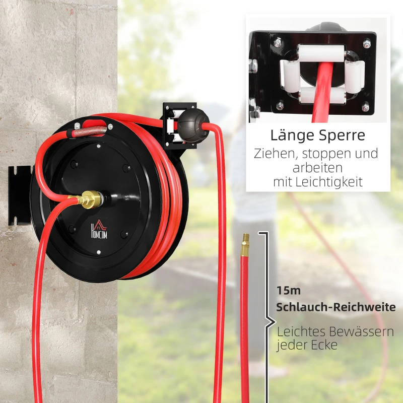 HOMCOM Wandmontierte Gartenschlauchrolle, automatisches Zurückziehen, 20 bar Wasserdruck, 15+1 m Wasserschlauch, Metall