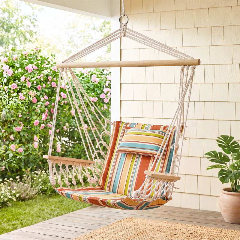 Outsunny Chaise suspendue hamac de voyage respirant portable 100 x 106 cm coton macramé polyester multicolore rayé