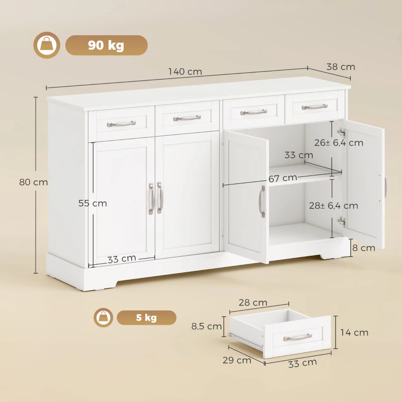HOMCOM Küchen-Sideboard mit Schubladen, Türen, höhenverstellbaren Regalen, Shaker-Design, Anti-Kipp-Vorrichtung, 140x38x80cm, Weiß